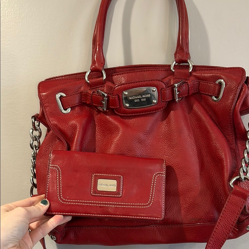 Michael Kors Red Leather Tote Bag and Wallet Set